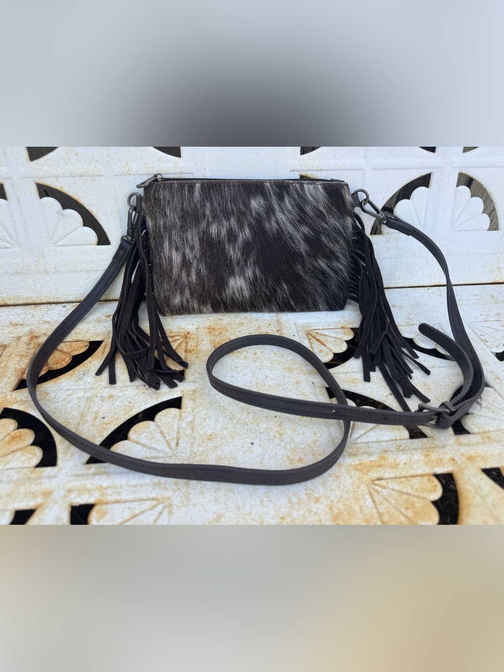 Montana West Hair Cowhide Fringe hairon Clutch Crossbody Handbag 9” x 5.5”